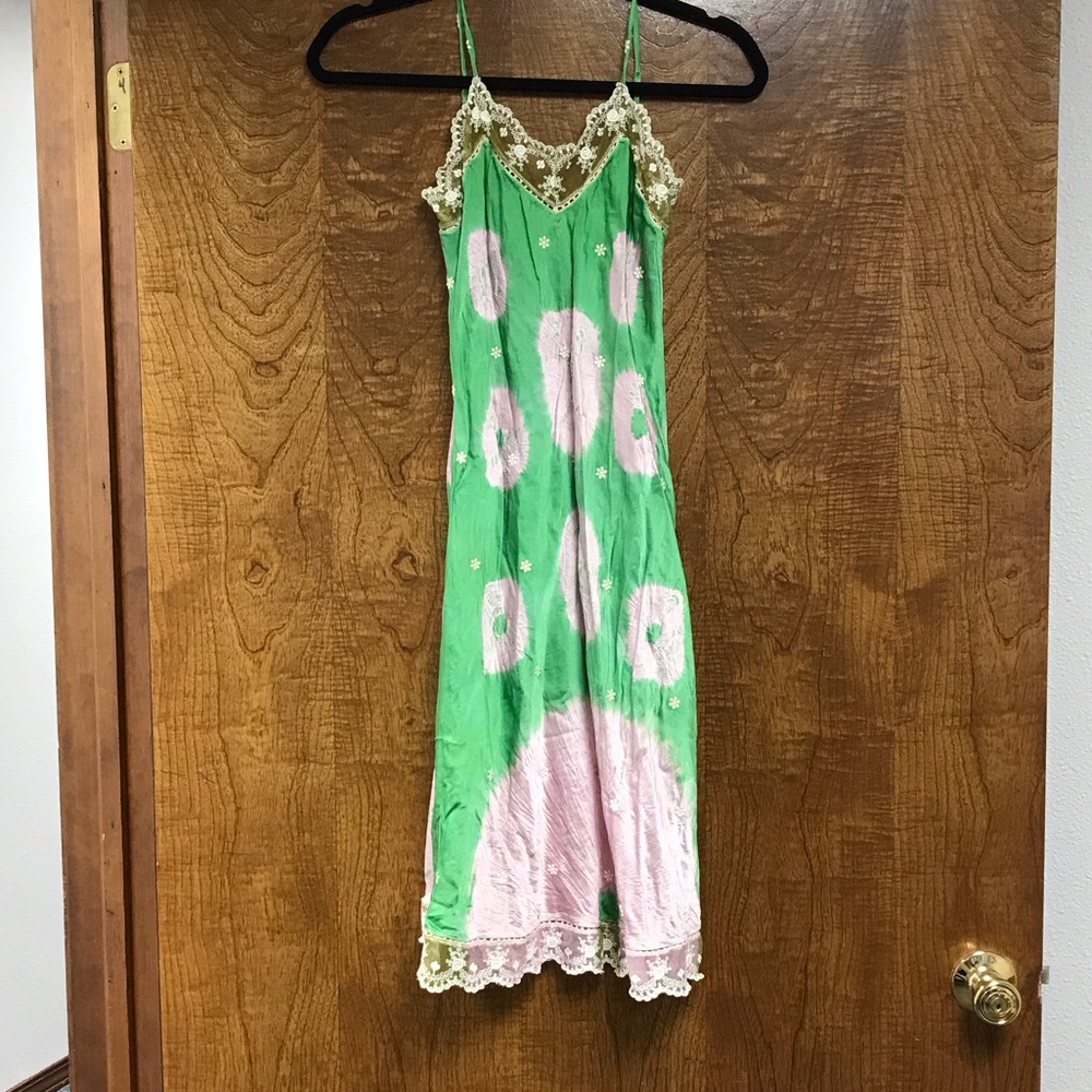 Johnny Was Green and Pink Midi Dress with Lace Trim